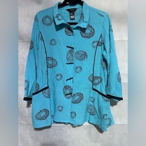 Ali Miles Small Blue Black Wearable Art Jacket Blouse Shirt Top Pockets Buttons